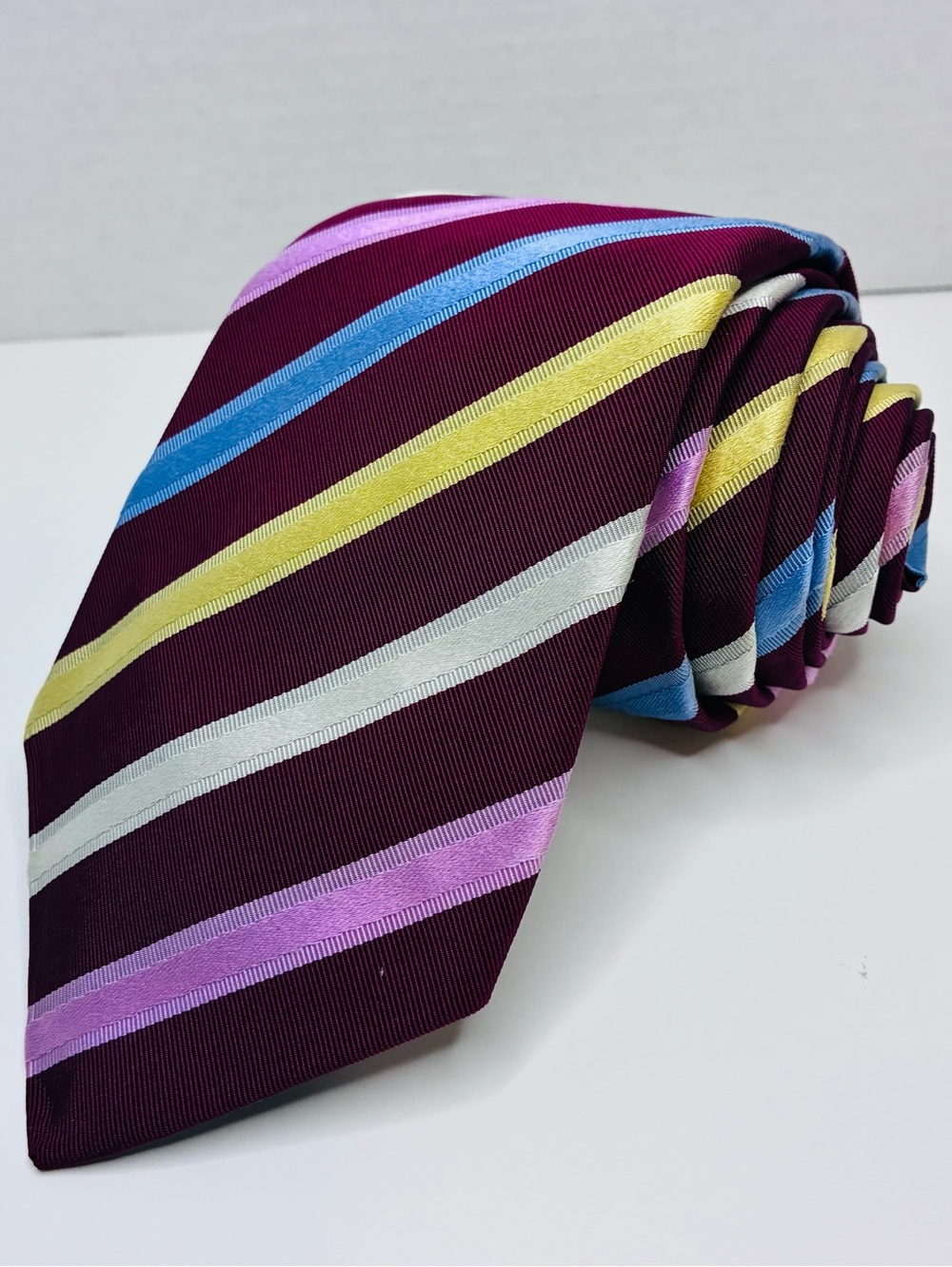 Charles Tyrwhitt Silk/Cotton Tie Mens Magenta Multi Stripe Hand Finished Classic